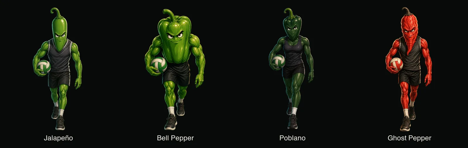 The Let's Pepper core roster: Jalapeño, Bell Pepper, Poblano, and Ghost Pepper